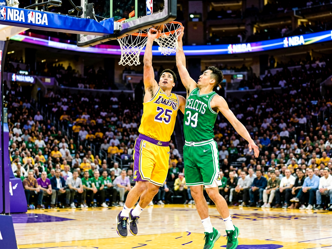 NBA湖人对阵凯尔特人比赛现场，球员突破上篮