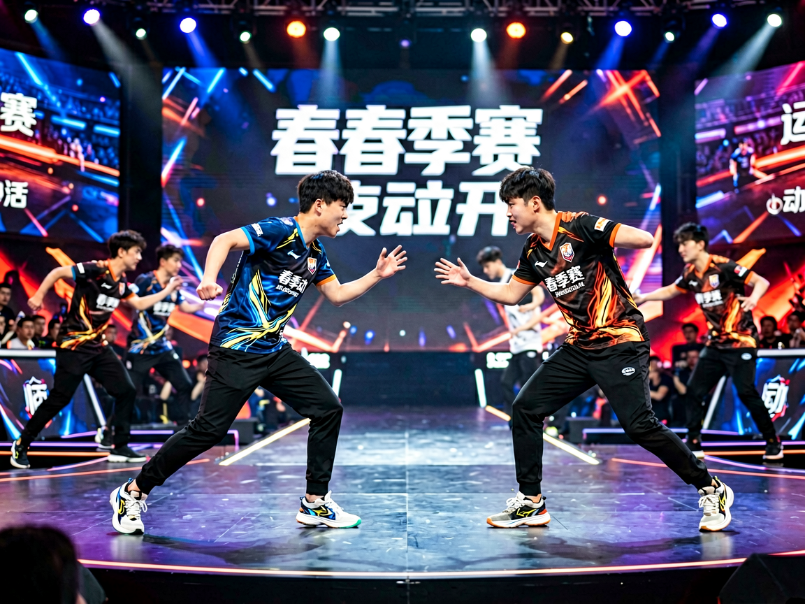 电竞赛事现场，选手在舞台上激烈对抗